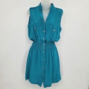 ♧ Postella Green Silk Sleeveless Button Up Dress Size Small